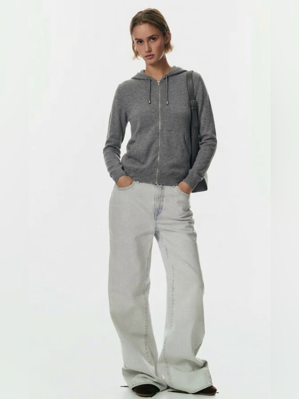 H&M Basic Gray Full-Zip Hooded Knit Sweater
